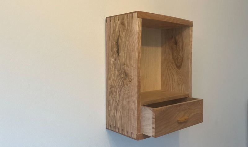 Right-angle, drawer open — figured ash side panel