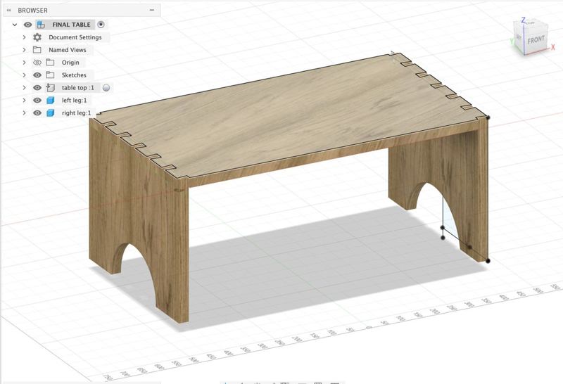 Fusion 360 design model — proportions, arch profile and joinery resolved before cutting