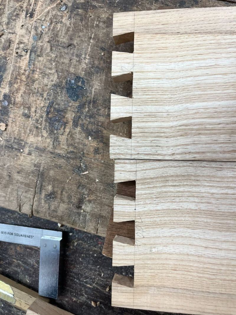 Through-dovetail exercise — tails cut and fitted by hand