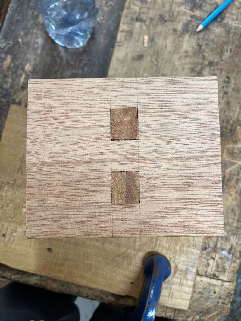 Mortise layout — knife lines and gauge marks before cutting