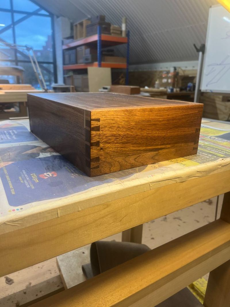 End profile — through-dovetails, saw and chisel only